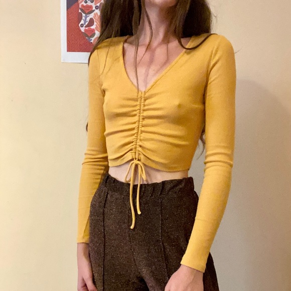 Sportsgirl Tops - Ribbed Mustard Long Sleeve Crop